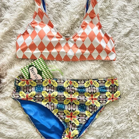 Frida Kahlo Inspired High Waisted Bikini Set Colorful Retro Boho Swim NWT - Picture 3 of 6